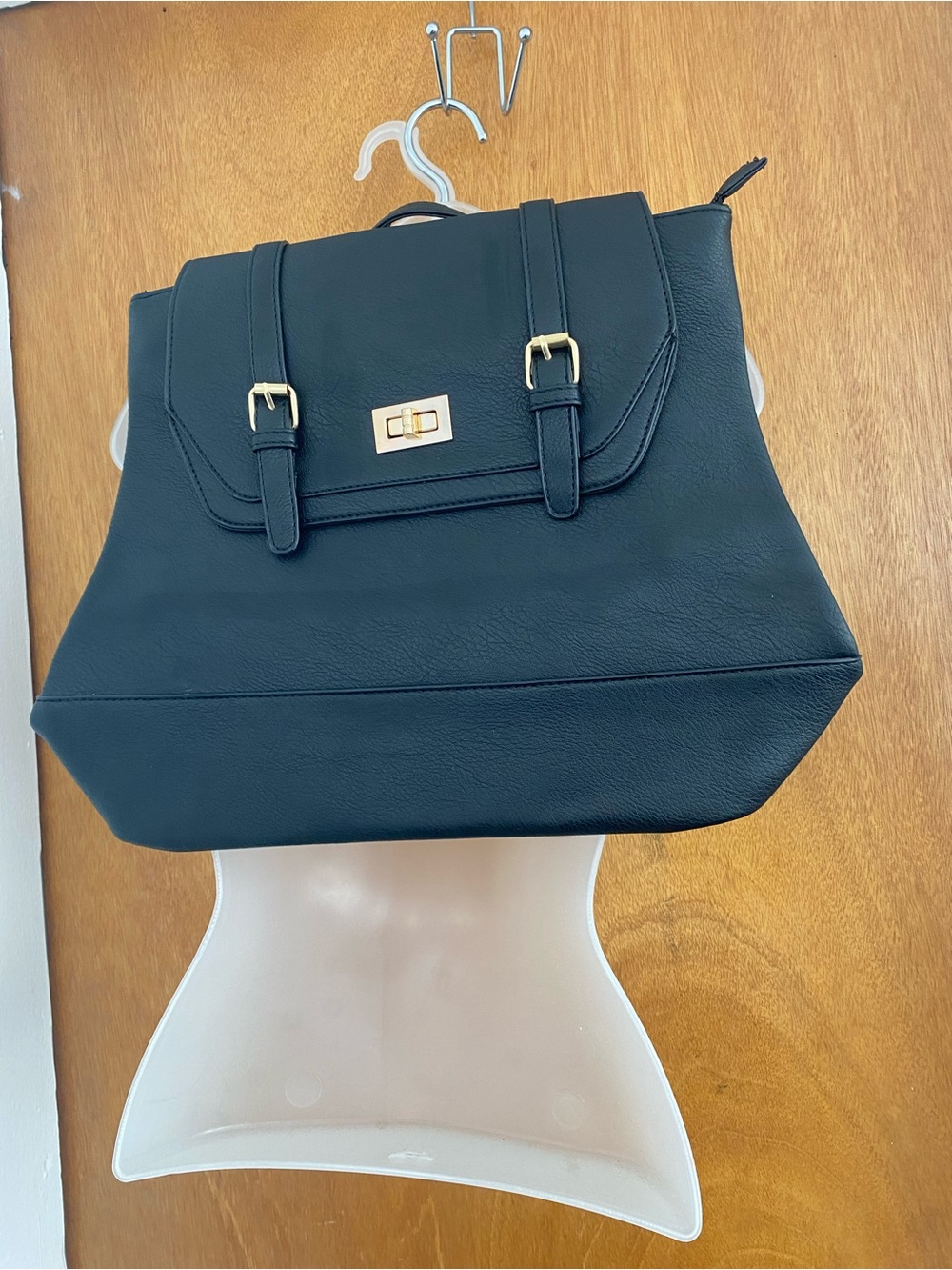 Structured Black Satchel Backpack with Gold-Tone Hardware
